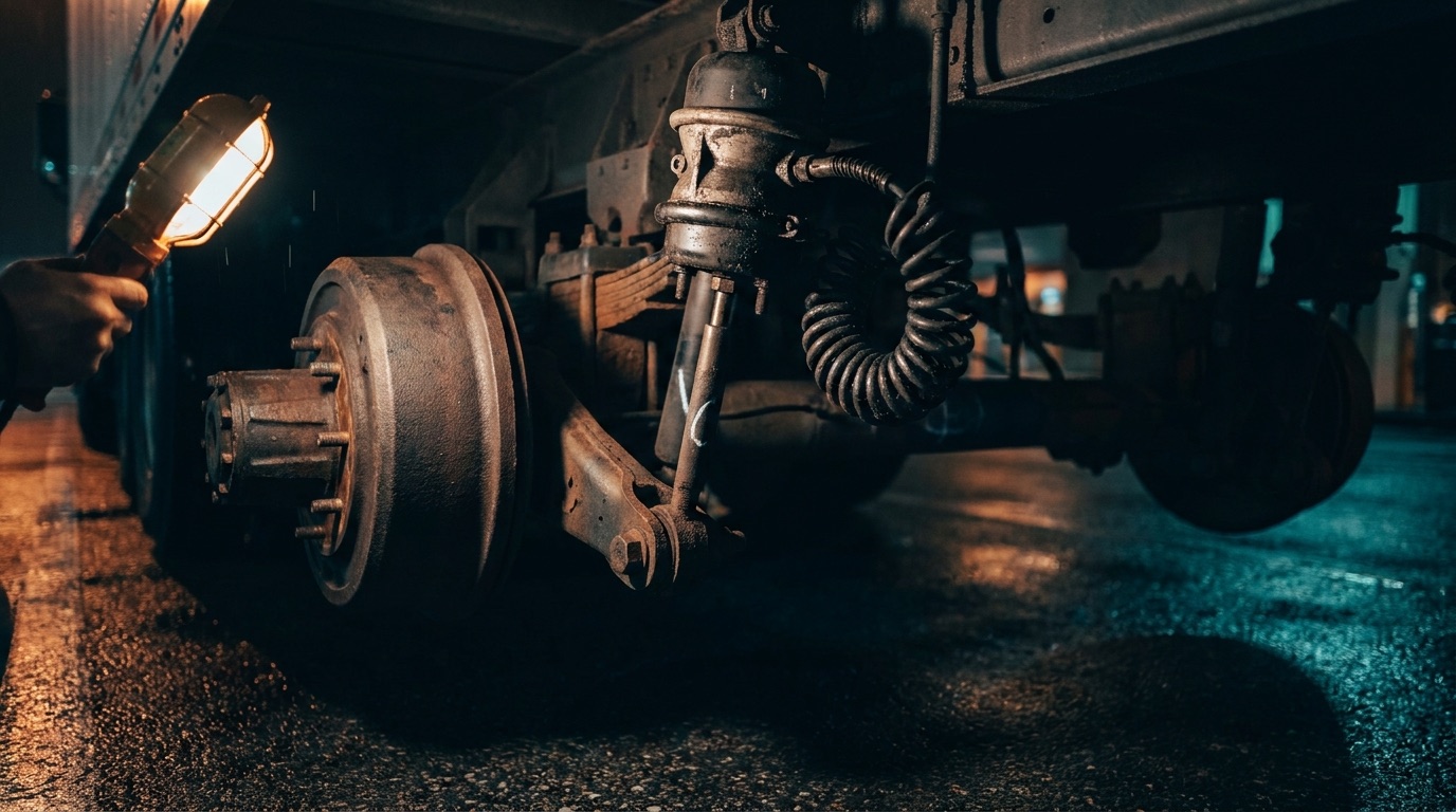 Close-up of a heavy truck brake drum, slack adjuster and air chamber under a parked trailer at night, lit by a single work light