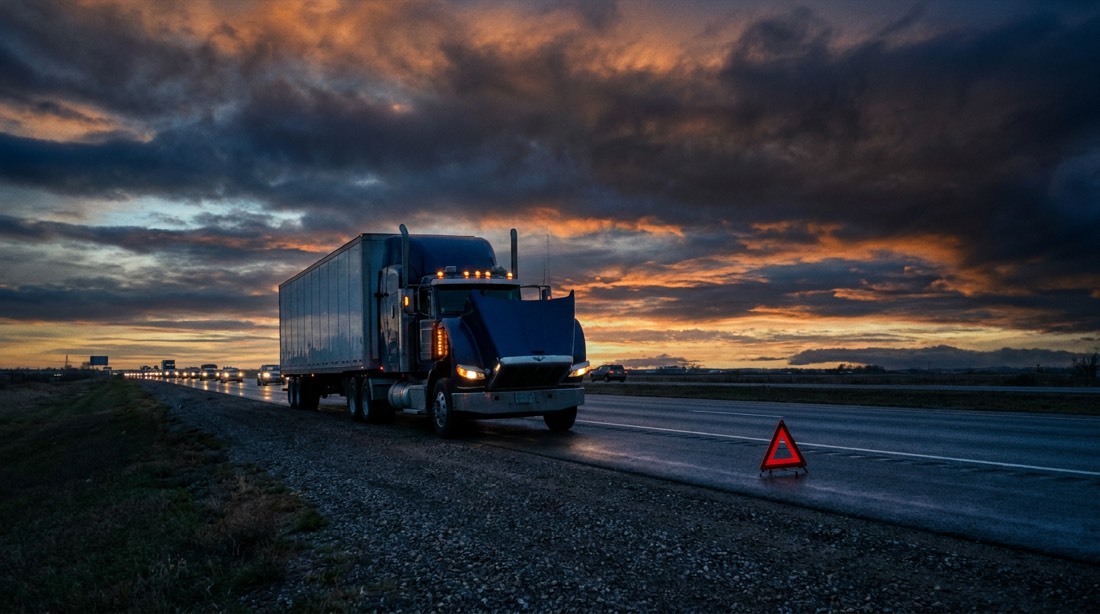 Semi truck broken down on the highway shoulder at dusk with a hazard triangle