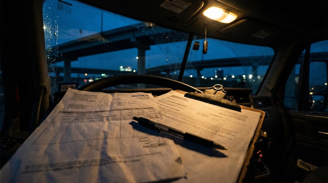 Rate confirmation paperwork and a pen on a truck cab desk lit by a dome light