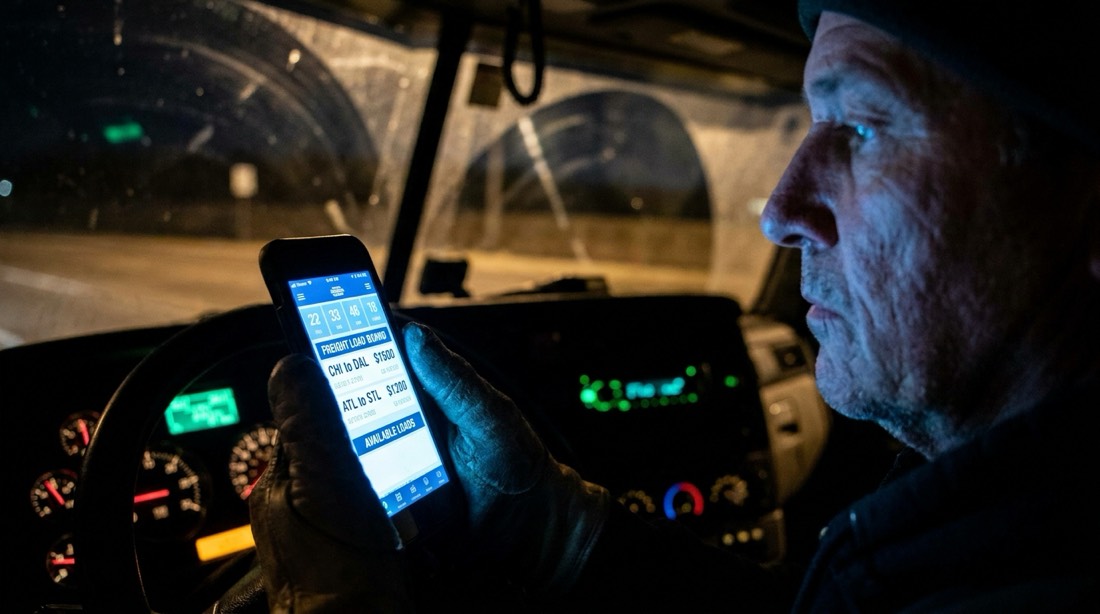 Driver checking a load board on a phone inside a dark truck cab