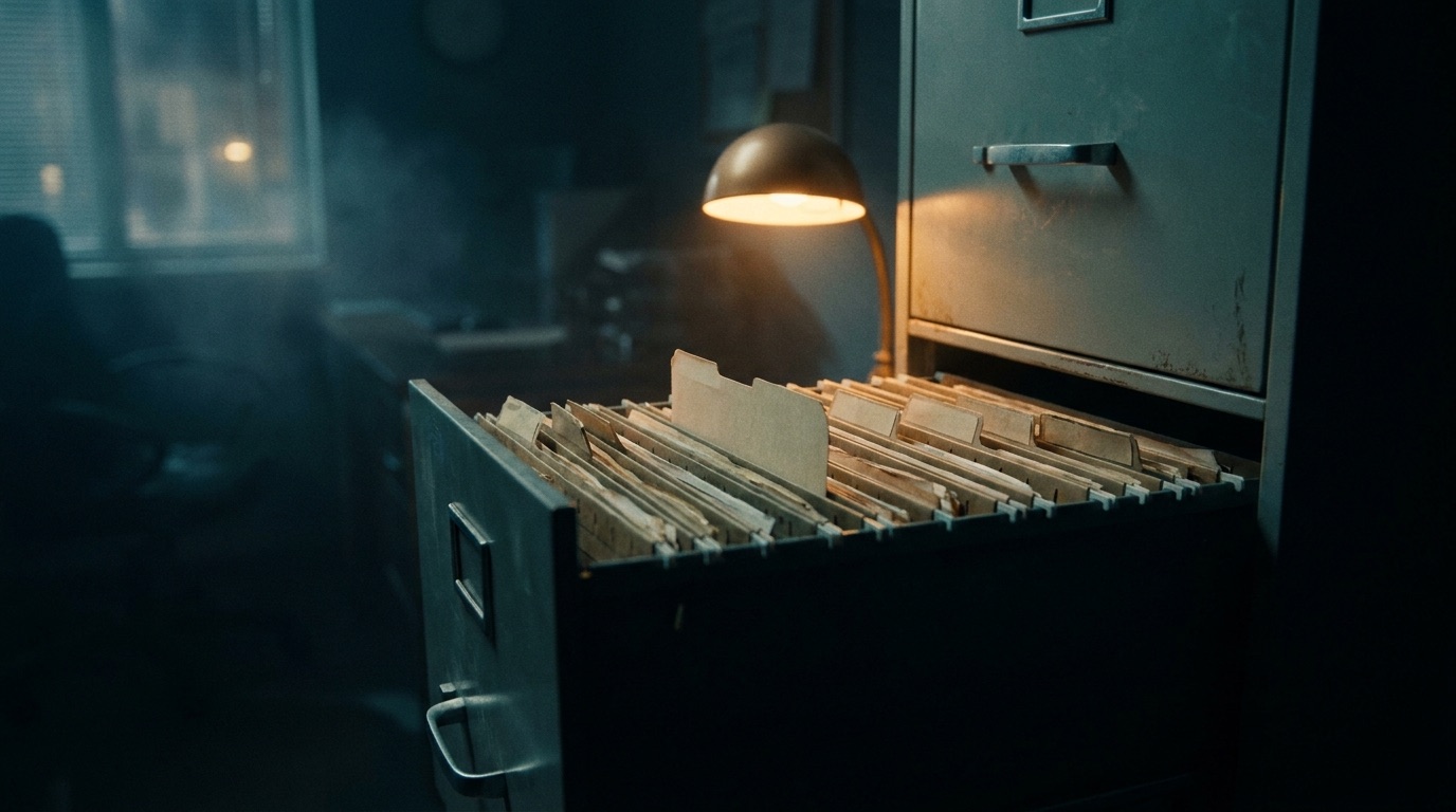 An open metal filing cabinet drawer packed with manila folders in a dim office at night, lit by a single desk lamp