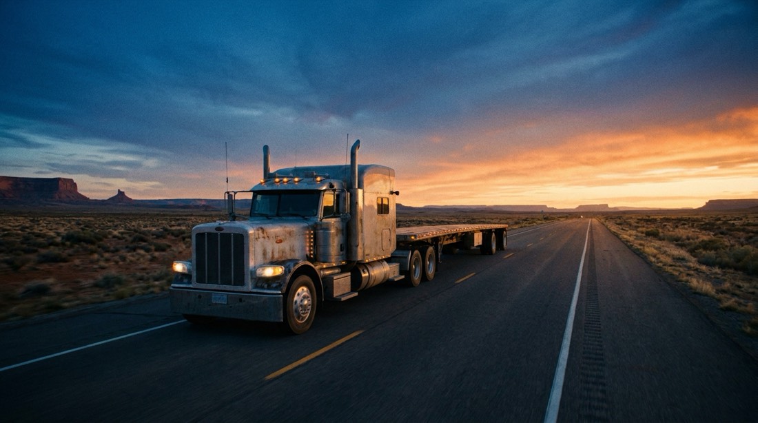 Empty flatbed semi truck on a long open highway at dawn