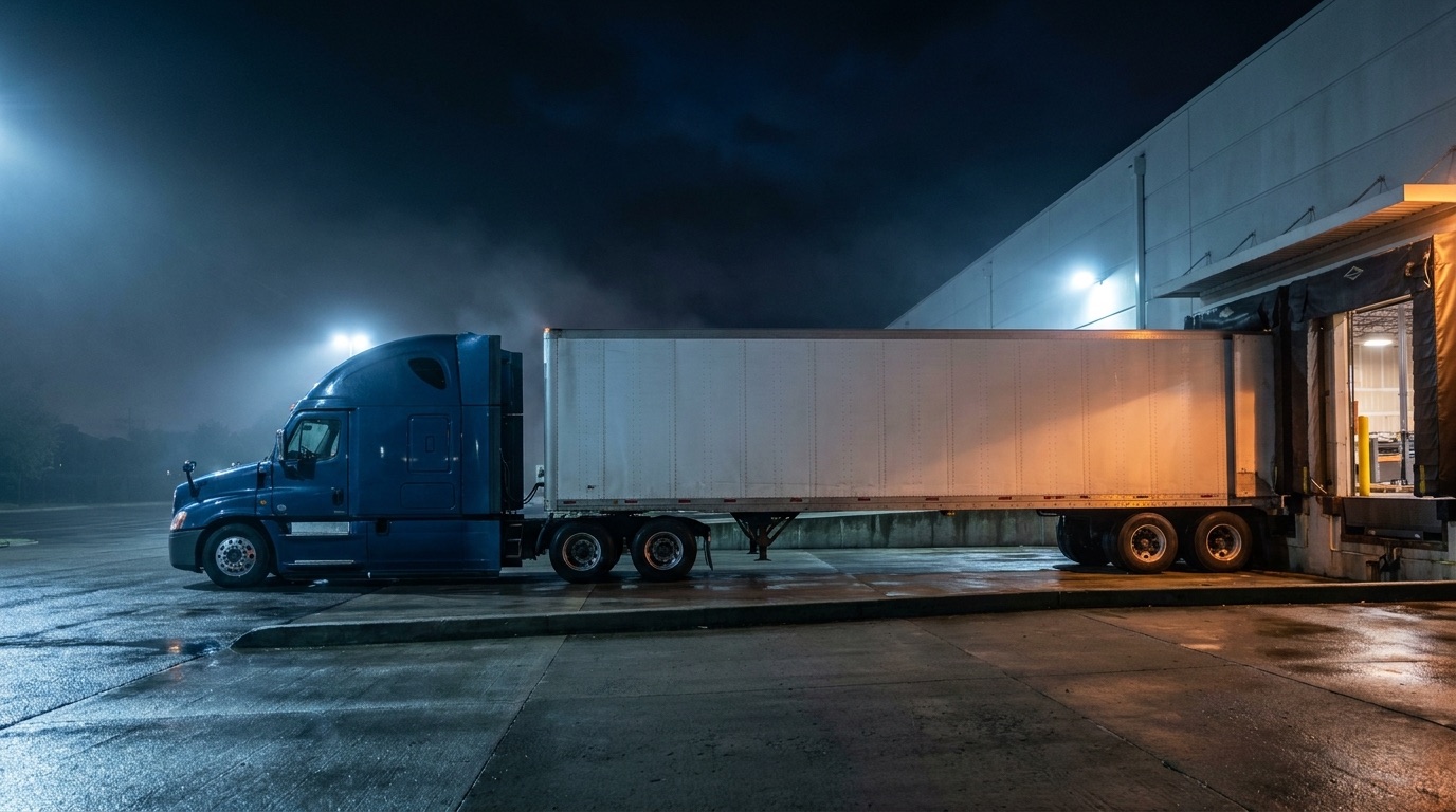 A sleeper tractor and dry van trailer backed into a warehouse loading dock at night, dock light spilling from the open bay onto wet pavement