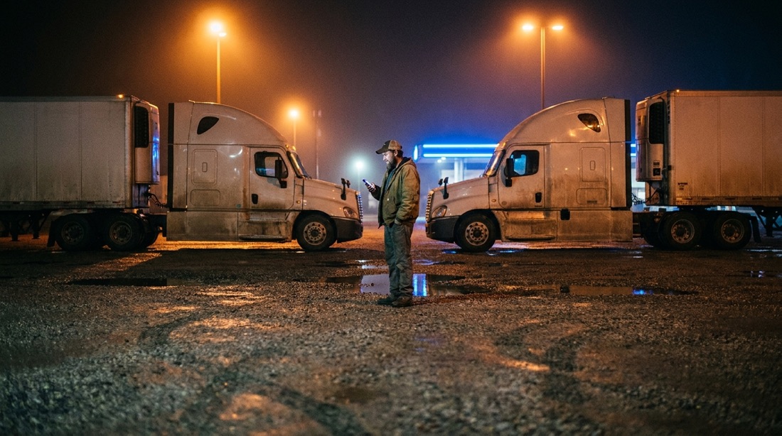 Two semi trucks parked nose to nose at a dark truck stop, one driver on the phone