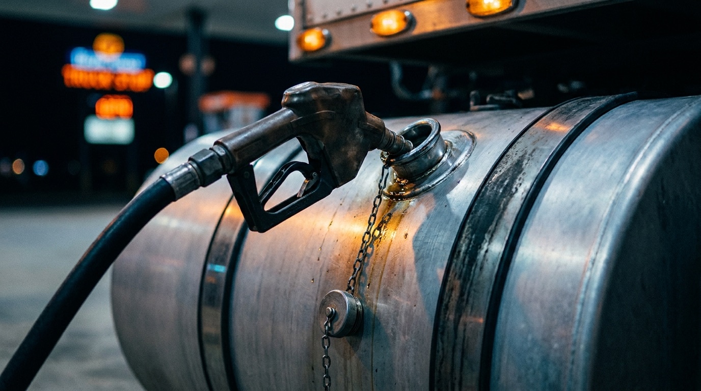 Close-up of a diesel nozzle seated in a truck's saddle tank fill neck at a night truck stop, chrome tank and wet fuel sheen under the canopy light