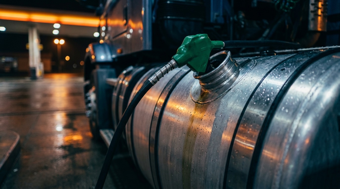 A diesel fuel nozzle seated in the fill neck of a polished aluminum saddle tank at night, lit by the glow of the pump island