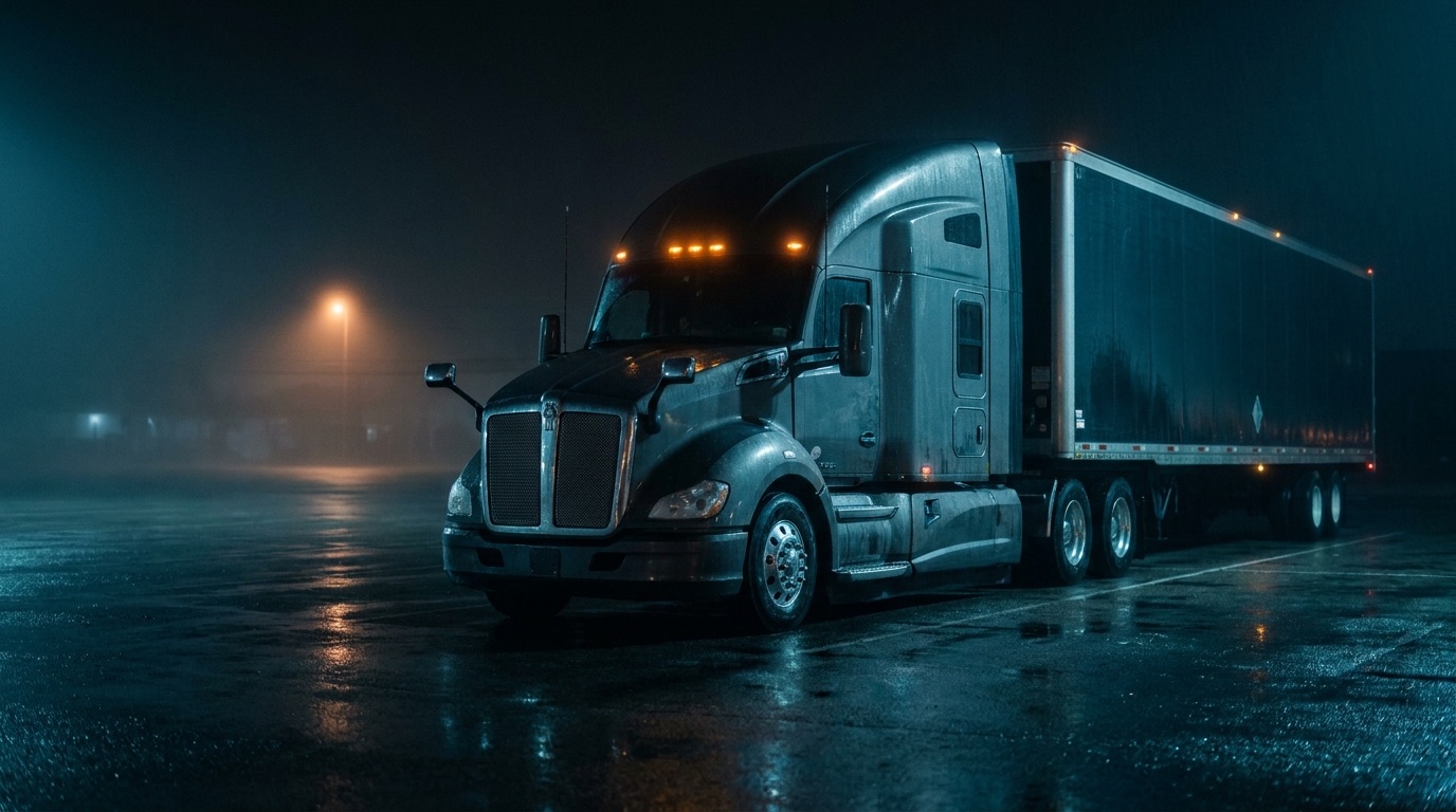 A lone long-haul sleeper truck parked in a dark lot at night, chrome and marker lights catching cool blue light