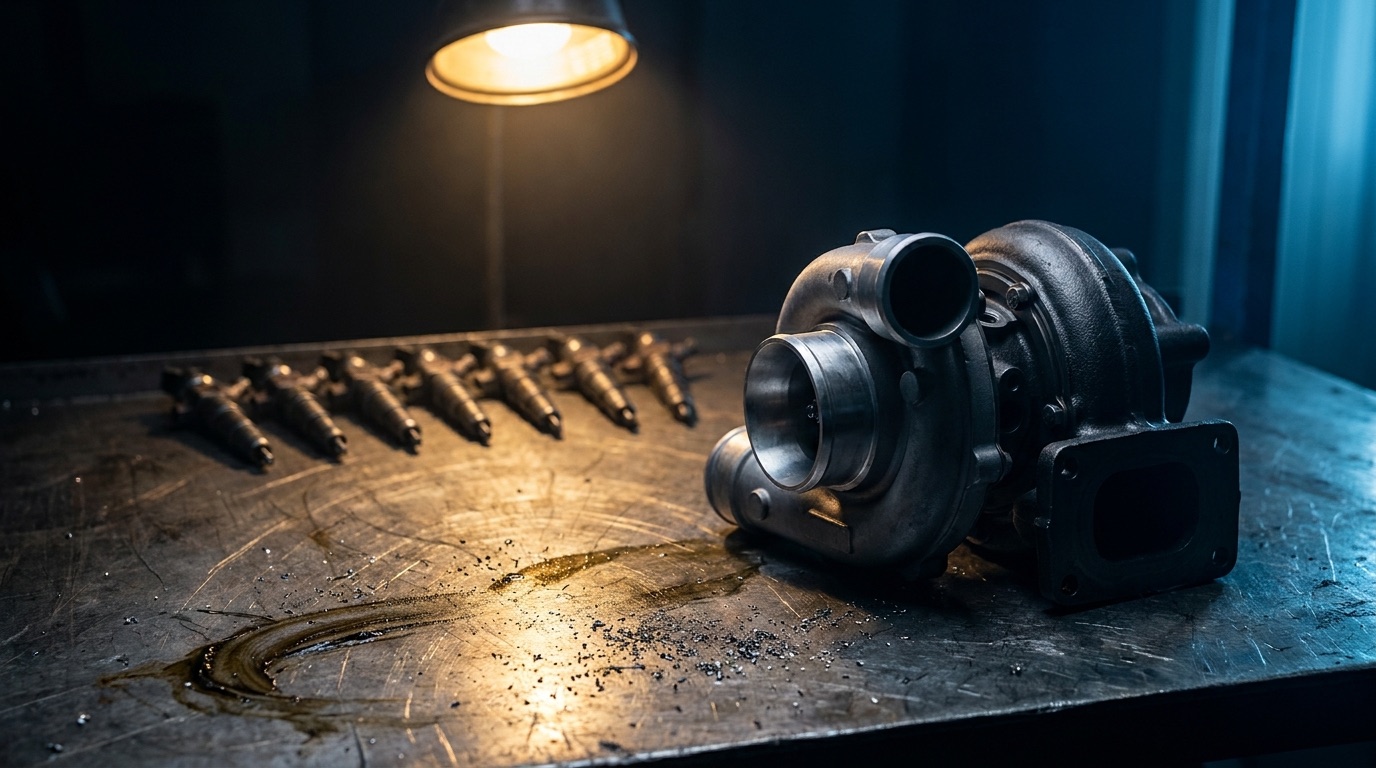 A heavy-duty diesel turbocharger and a row of fuel injectors laid out on a worn steel shop bench under a single work light at night