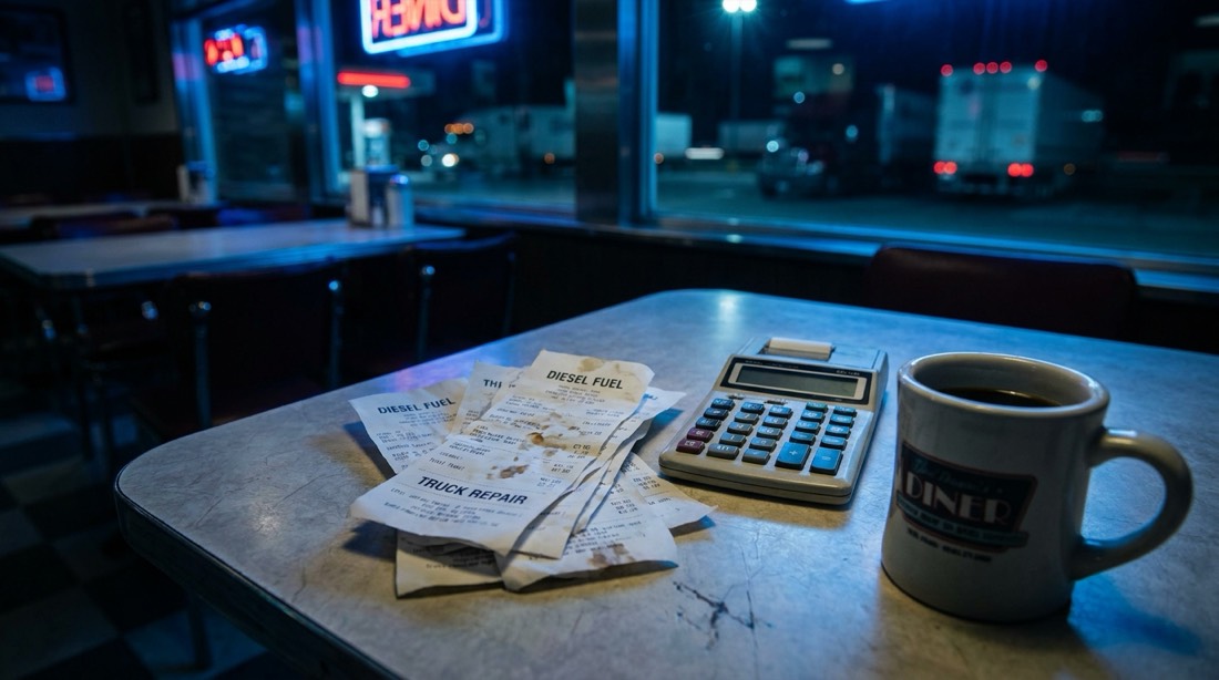 Crumpled receipts and a calculator on a truck stop table at night