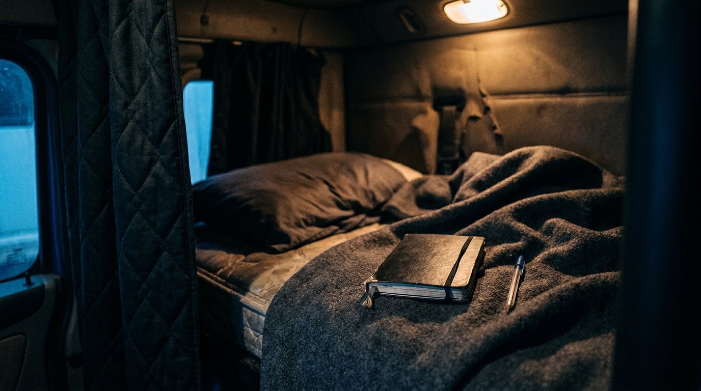 The interior of a truck sleeper berth at night, a rumpled blanket and a small closed notebook on the bunk, lit by a low amber cab light