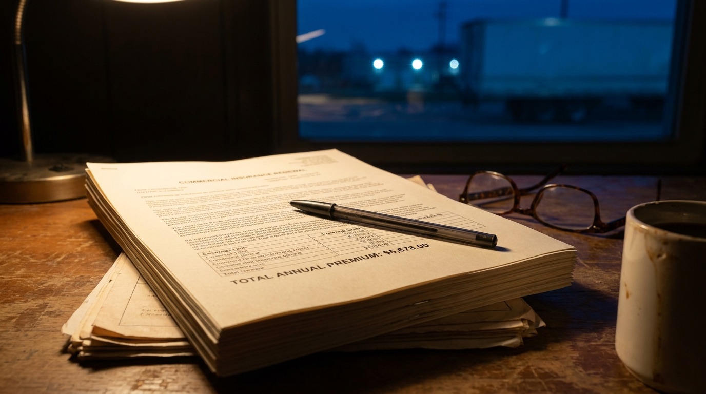 A commercial insurance renewal packet open on a desk at night, pen resting on the coverage page, reading glasses and a coffee mug beside it, a trailer visible through the window