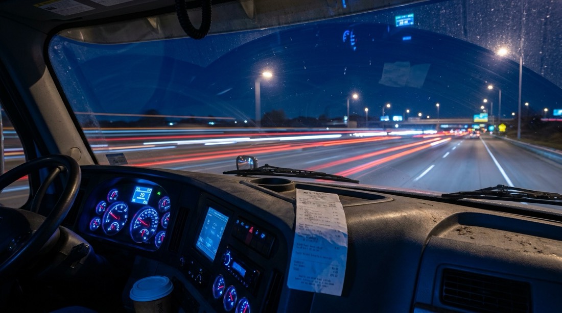 Semi truck dashboard at night with glowing gauges and a fuel receipt