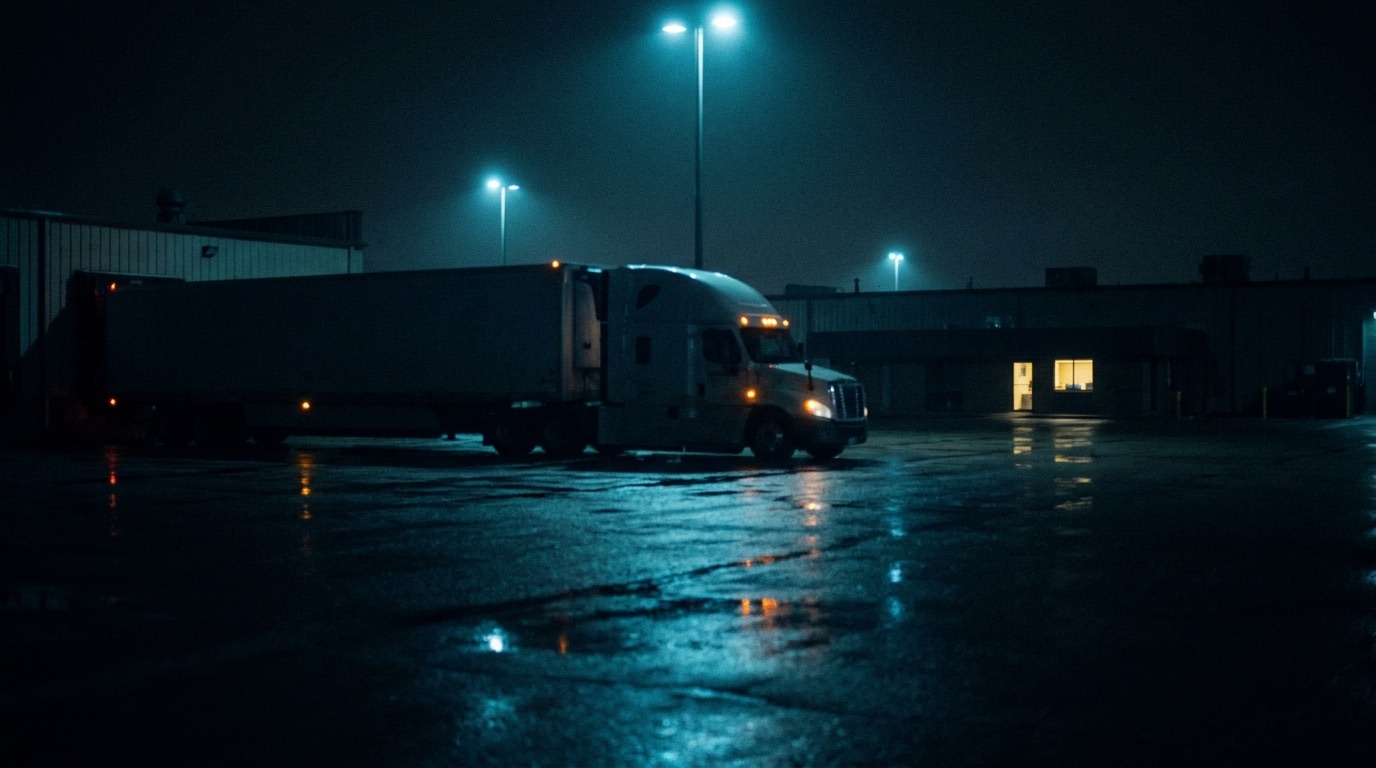 A long-haul semi truck parked alone at a freight terminal after dark, cool blue light reflecting off wet asphalt