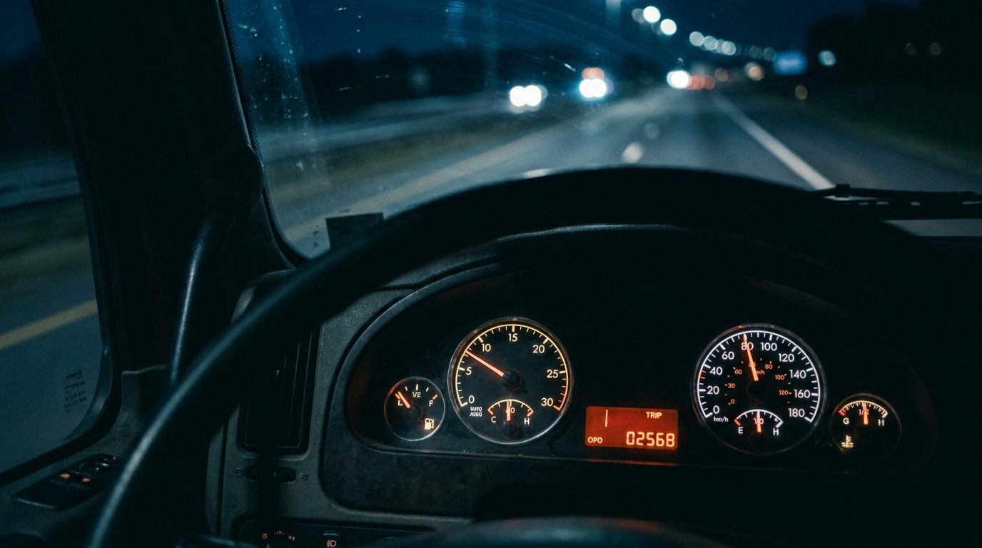 Semi truck fuel gauge and trip odometer glowing on a dark dashboard at night